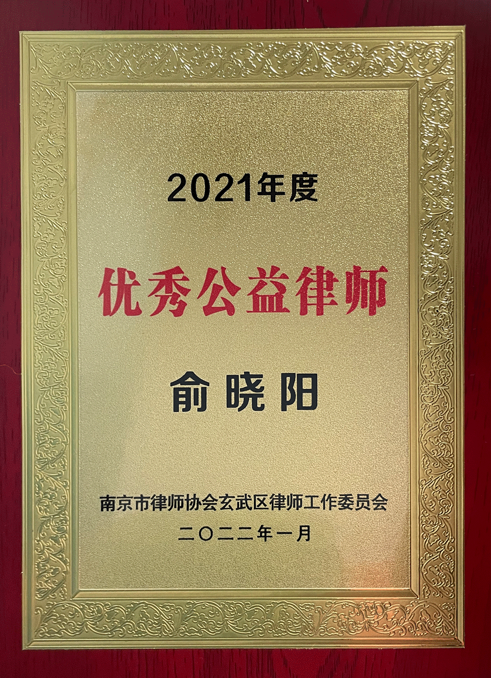 【新闻快报】俞晓阳律师 荣获“南京市玄武区2021年度优秀公益律师”